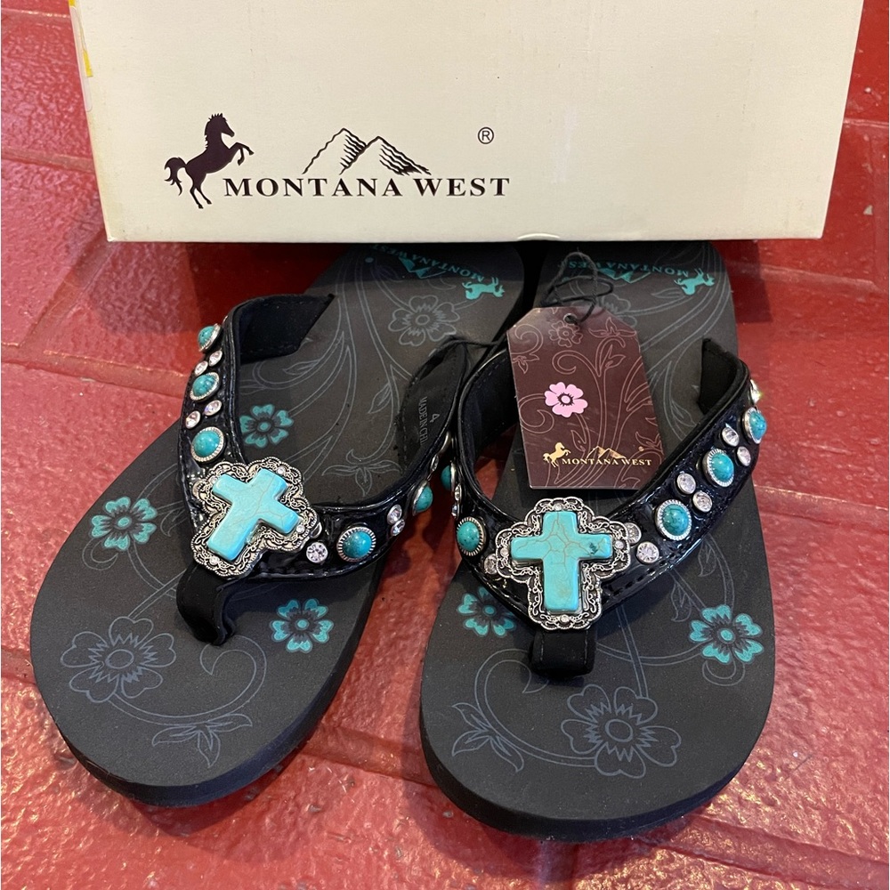 Montana West Girls bling turquoise and black flip flops multiple sizes brand new
